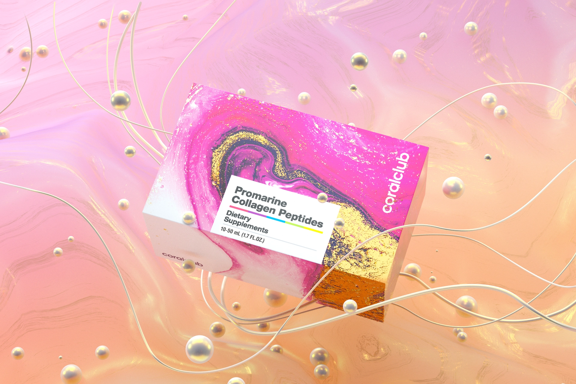Promarine Collagen Peptides flakonu komplekta 3D vizualizācija premium dzīvesveida vidē